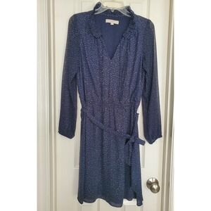 LOFT Dress Navy‎ Blue Polka Dot Ruffle Neck Tie Waist Long Sleeve Casual 6